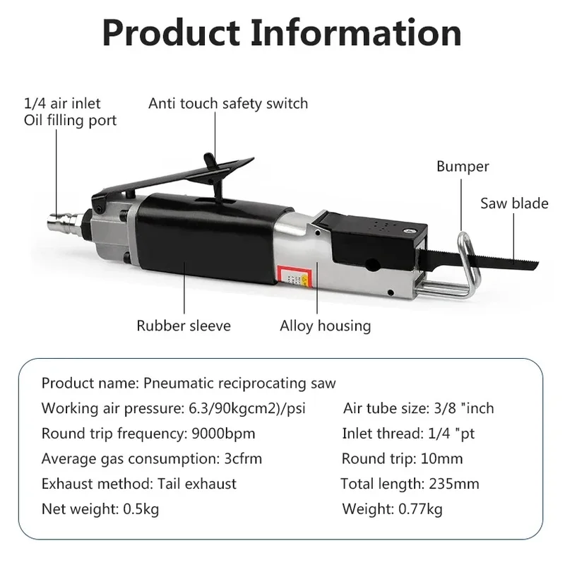9000bpm 90PSI Pneumatic Reciprocating Saw Aluminum Alloy Hacksaw Cutting Tool Car Sheet Metal Cutting Saw Repairing Tool