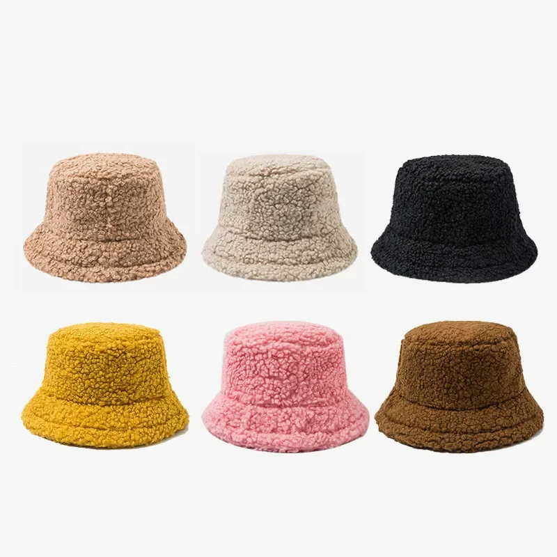 Solid Color Fur Warm Female Cap Faux Fur Winter Bucket Hat for Women Outdoor Sunscreen Sun Panama Lady Fisherman Hats