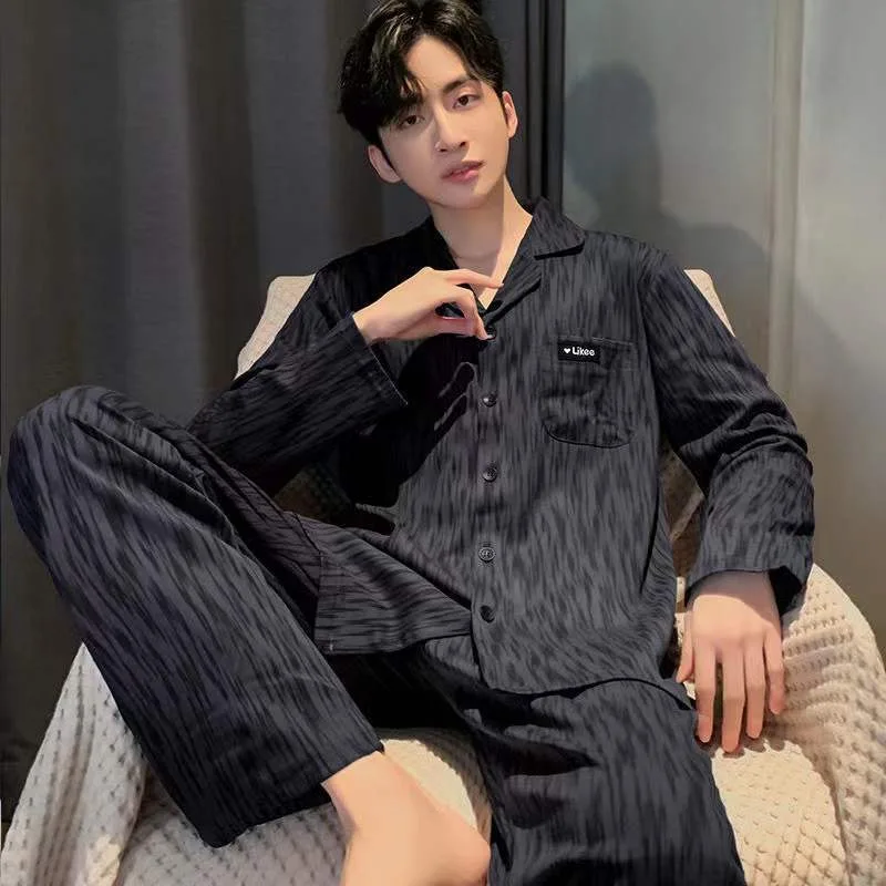 

Cotton sleepwear men's long sleeved cotton comfortable men's home clothes for spring, autumn, and winter, simple and elegant