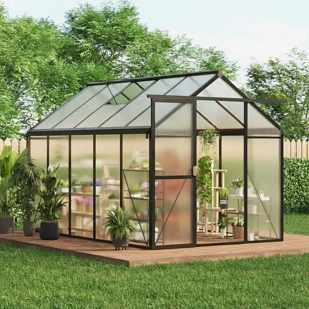 6x10 FT Greenhouse, Easy Assembly Aluminum Polycarbonate Greenhouses for Outdoors with Roof Vent, Large Aluminum Walk-in Greenho