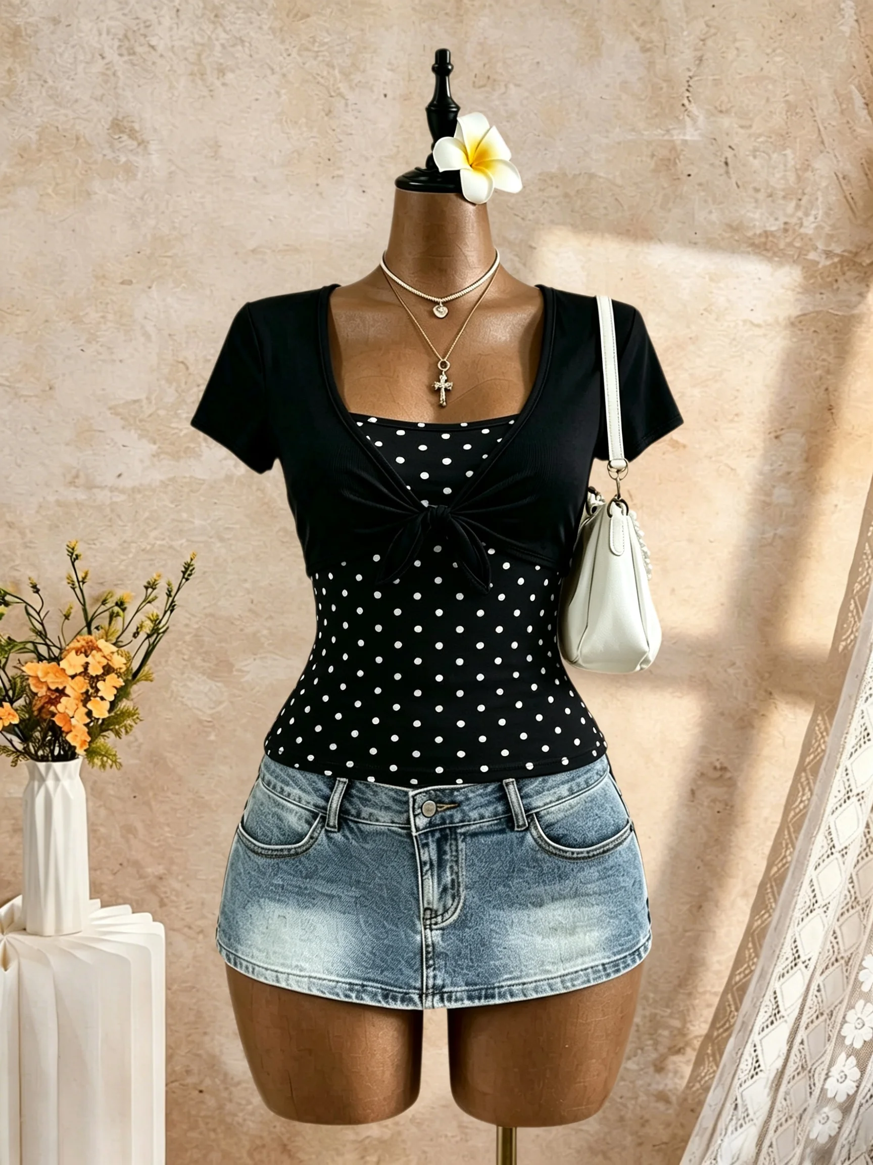 Damen-Outfit, bestehend aus zwei Teilen: kurzes Oberteil mit kurzen Ärmeln und vorne gebundenem Kragen sowie einem Tanktop mit Polka-Dot-Muster, figurbetont, lässig, für den Alltag und zum Ausgehen, zweiteiliges Oberteil. – Detail 6