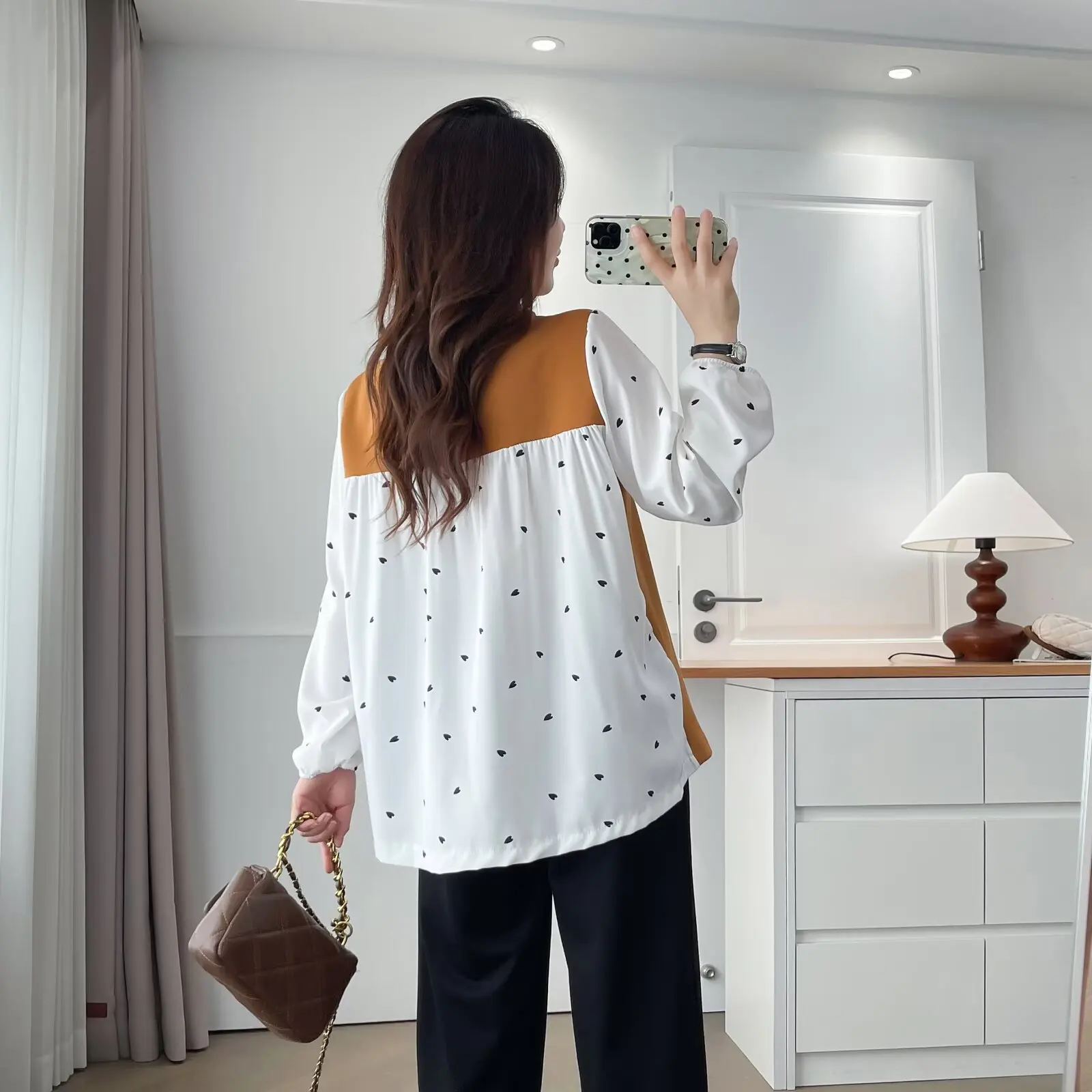 패션 플러스 사이즈 여성 블라우스 가을 신상 쉬폰 패치워크 긴팔 탑 스타일리시 페이크 투피스 2521