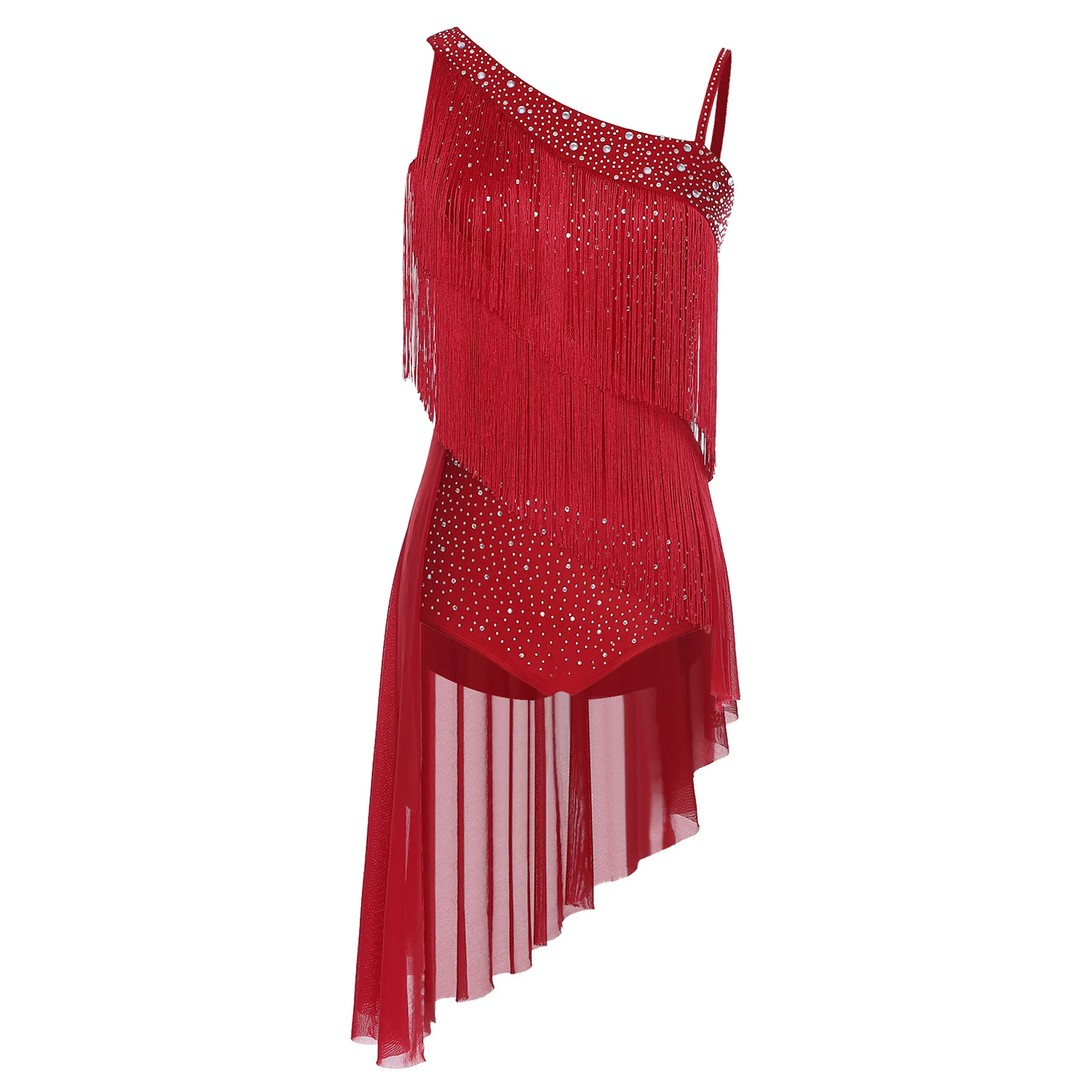 Frauen Quaste Latin Dance Trikot Kleid Asymmetrische Schulter Strass Eiskunstlauf Cha-cha Samba Tango Leistung Kostüm