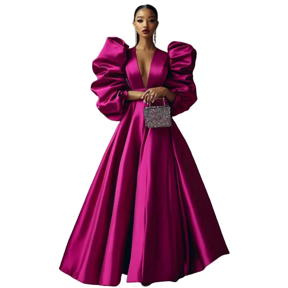 

Puff Sleeves Evening Dresses V Neck Silk Satin vestidos de fiesta Elegant Wedding Party Dress Customized Prom Gown