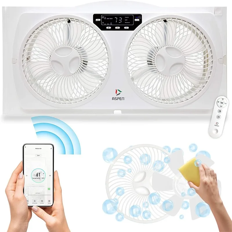 Smart Window Dual Fan  WiFi App Controlled 3 Speed + Multi-Function Detachable Blades Easy Clean Reversible Air Flow Twin Window