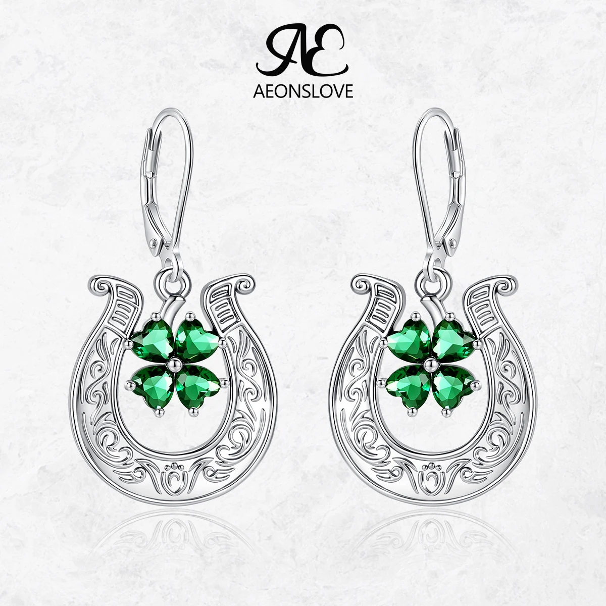 AEONSLOVE Horseshoe Shamrock Drop Earrings 925 Silver Leverback Emerald CZ Clover Earrings Wicca Pagan Jewelry Gift for Women