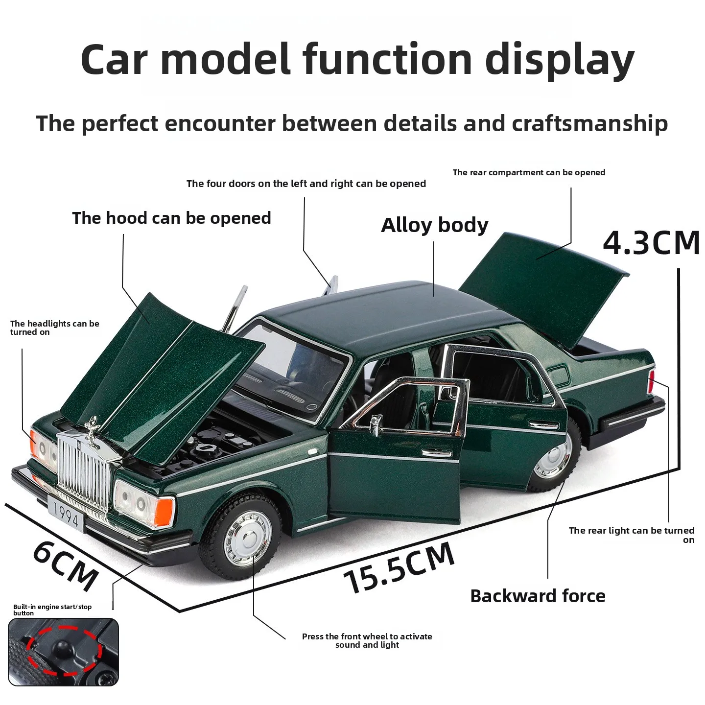 Voiture de luxe en alliage d'argent 1:32, modèle en métal moulé sous pression, son et lumière, jouet à tirer, ornements tendance, cadeau pour ami, 1994