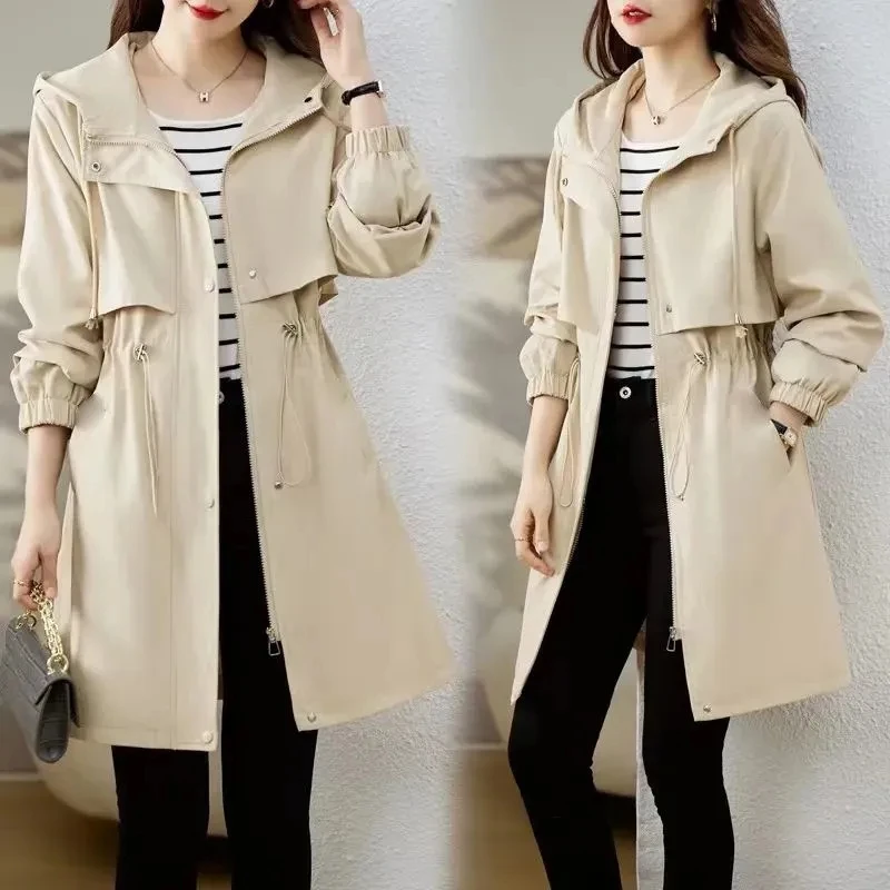 Spring Autumn Female Hooded Versatile Trench Coat Korean Lady Hooded Mid Length Version Outwear British Women  Windbreaker Tops