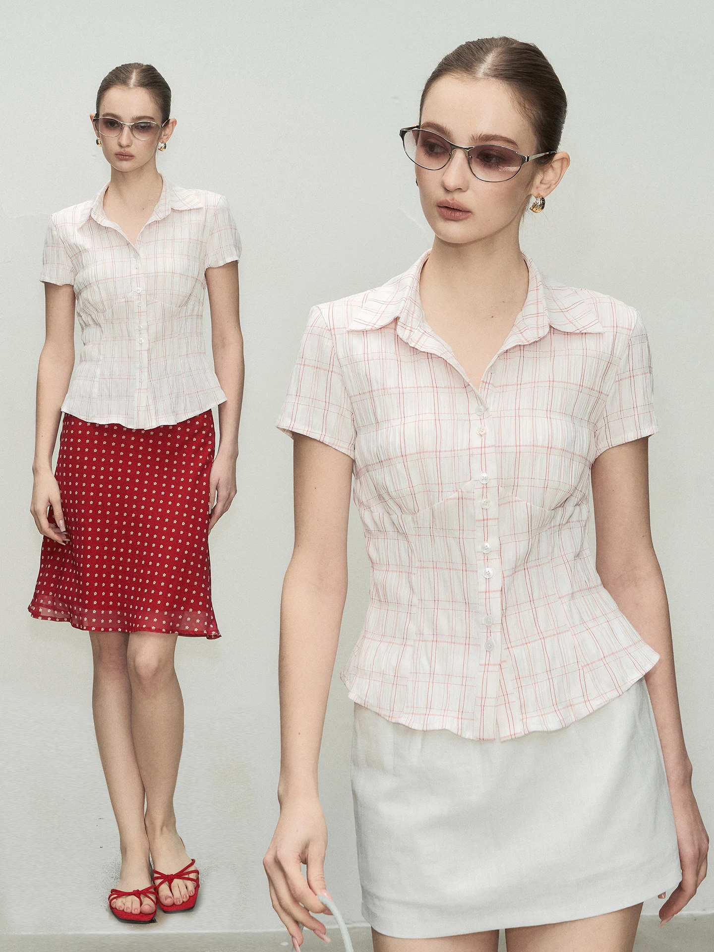 

Рубашка Fumisme Holiday Coastline с коротким рукавом, летняя, новый стиль, повседневная, с завышенной талией, в клетку, дышащая, приятная для кожи