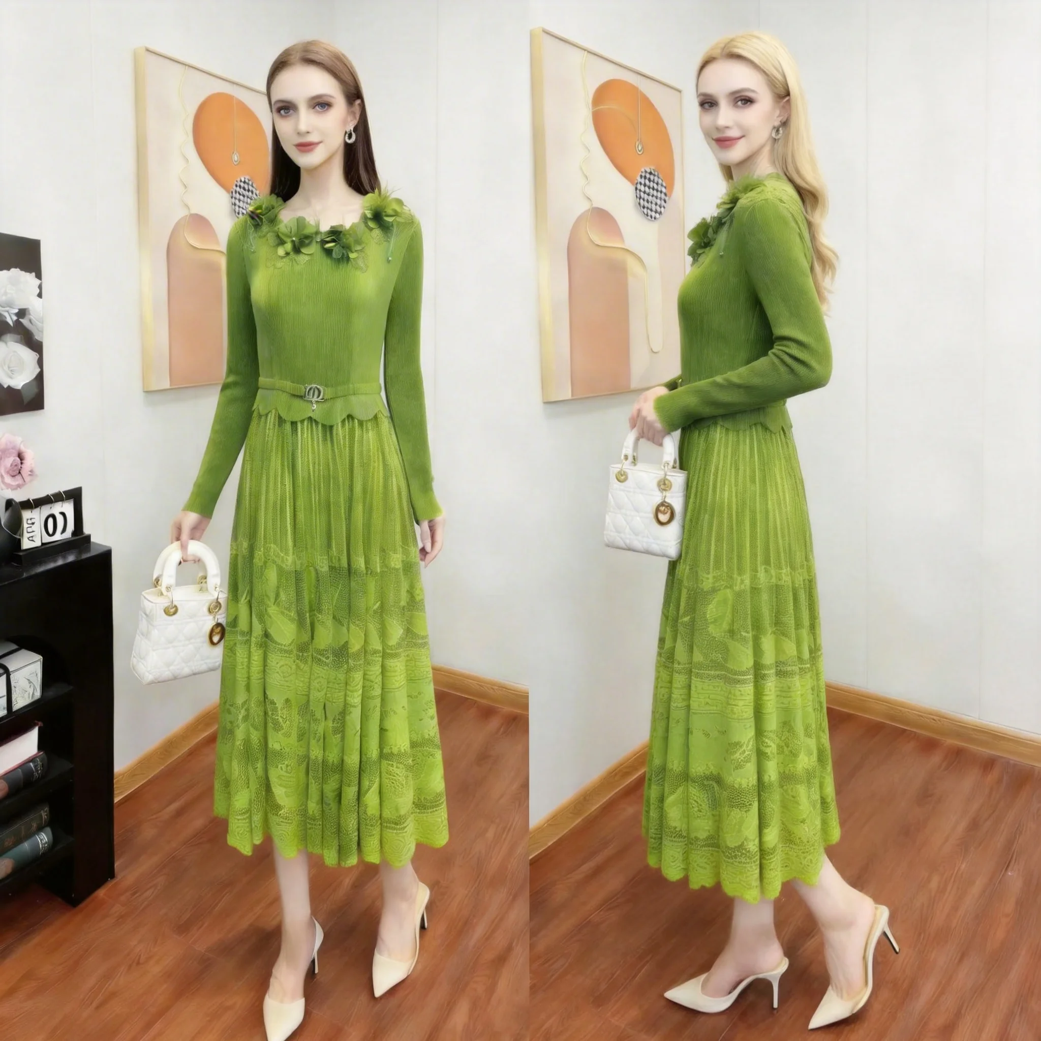 

Miyake Hollow Lace Splicing Women's Pleated Dress Chic New 3D Custom Flower Fake Two-piece Set Short-sleeved Sleeves for Women