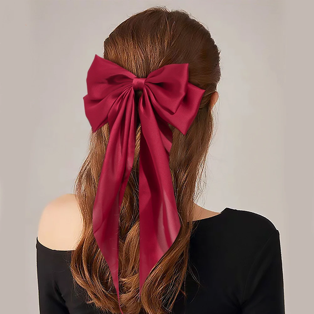 

2pcs Oversized Satin Bow Clips Long Ribbon Ponytail Barrettes For Women Girls Halloween Red Big Hair Bows Lightweight Durable