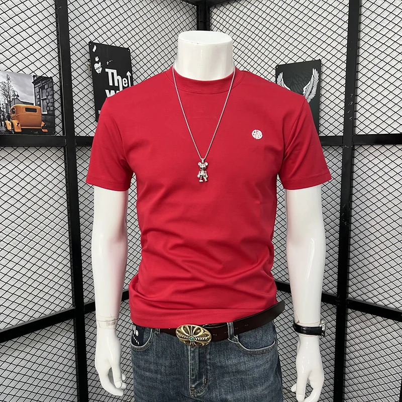 

New Arrival Men's Summer Crew Neck T Shirt Embroidered Horse Pattern Mercerized Cotton Slim Fit Half Sleeve Casual Fashion Tops