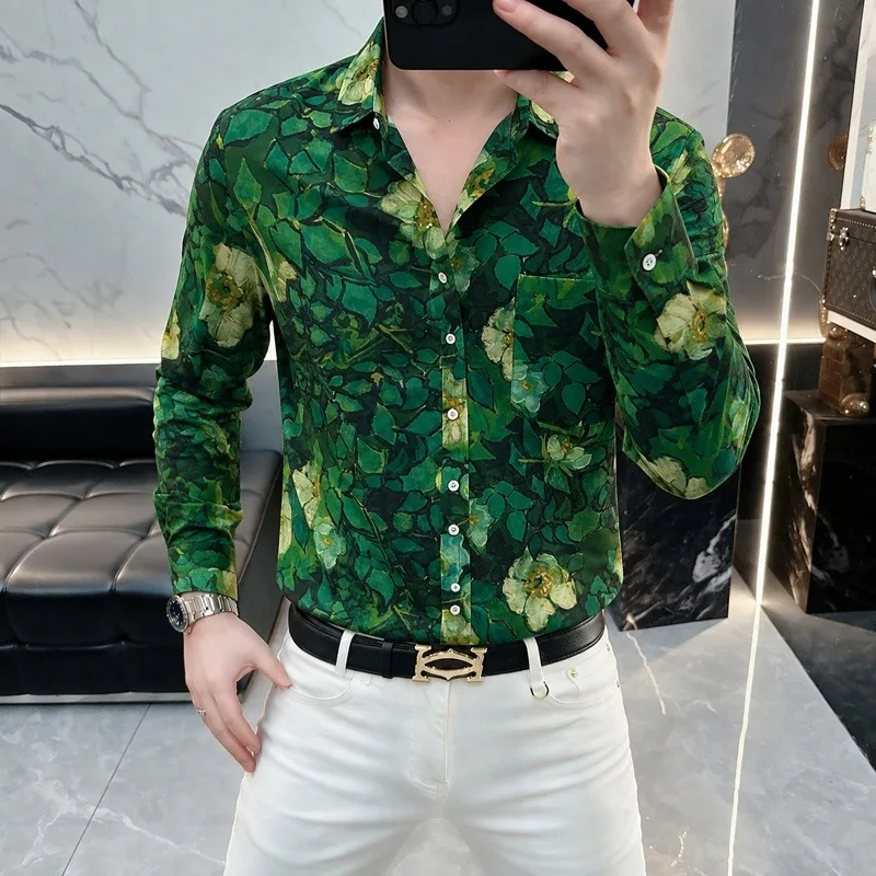 Retro Jungle Style Printed Shirt for Men Trendy Loose Long Sleeved Shirt Casual Social Business Shirt Streetwear Men Clothing