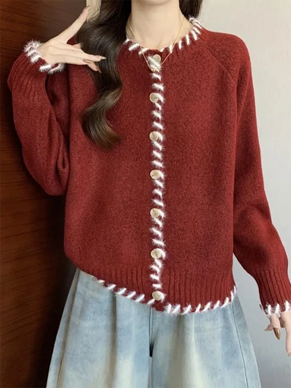

Red Autumnal Luy Year Button-Up Knitwear Cardigan Women's Loose Slimming Top Faionable Tea-Red Sle Knitted Sweater Coat