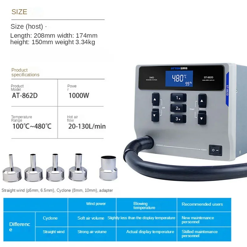 ATTEN ST-862D 1000W Hot Air Gun Intelligent Digital Display BGA Rework Station Automatic Sleep PCB Chip Repair Desoldering