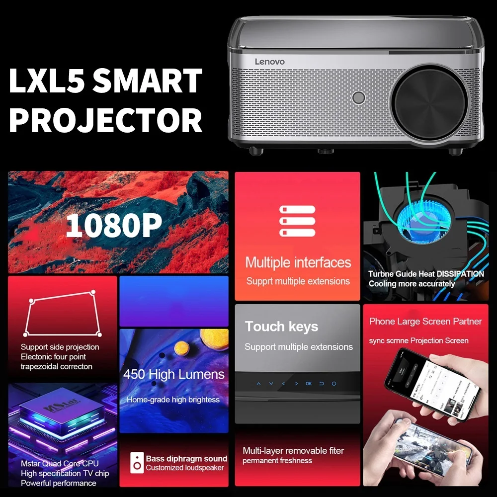 ใหม่ LXL5/L5 สมาร์ทโปรเจคเตอร์มาตรฐาน 1080P ความละเอียด 450ANSI Lumens สนับสนุนการฉายภาพด้านข้างหลายพอร์ตสําหรับ Home Office