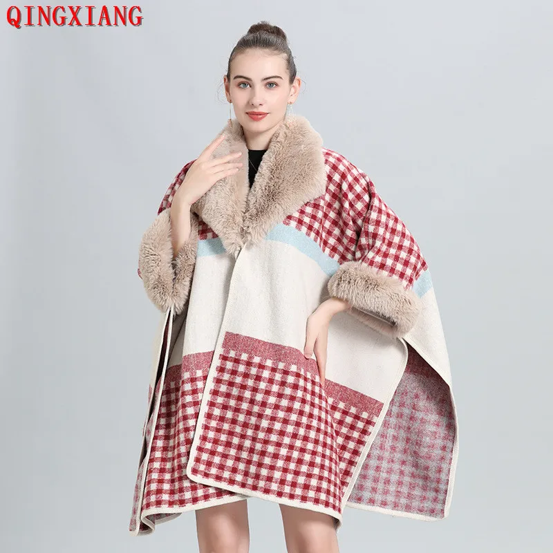 

2022 Women Winter Thick Warm Black Houndstooth White Outer Wear Batwing Sleeves Faux Woolen Rabbit Fur Big Neck Loose Capes Coat