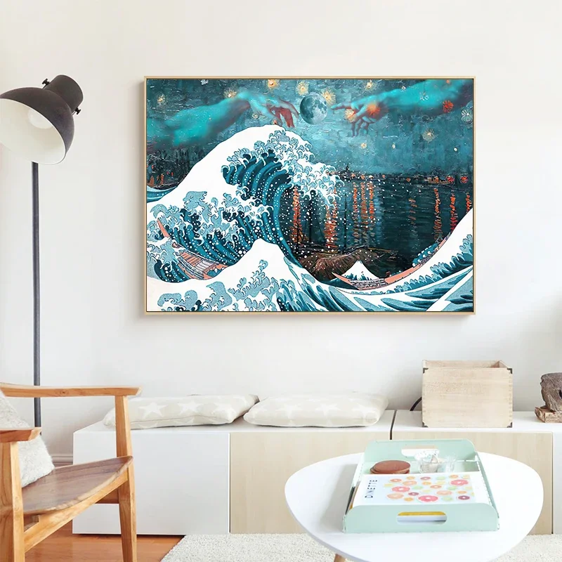 Famous Painting The Great Wave Off Kanagawa Japan Art Poster Canvas Painting Cartoon Sea Wave Wall Art Pictures Room Home Decor