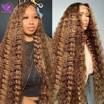 

4/27 Colored Highlight Ombre Brown 180% 13x4 HD Lace Front Human Hair Wig 30 Inch Curly Deep Wave Lace Frontal Wigs For Women