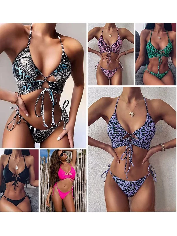 

Женский купальник-бикини 2023, леопардовый принт, ажурный дизайн, купальный костюм, треугольный дизайн с накладкой на грудь, без стальной поддержки