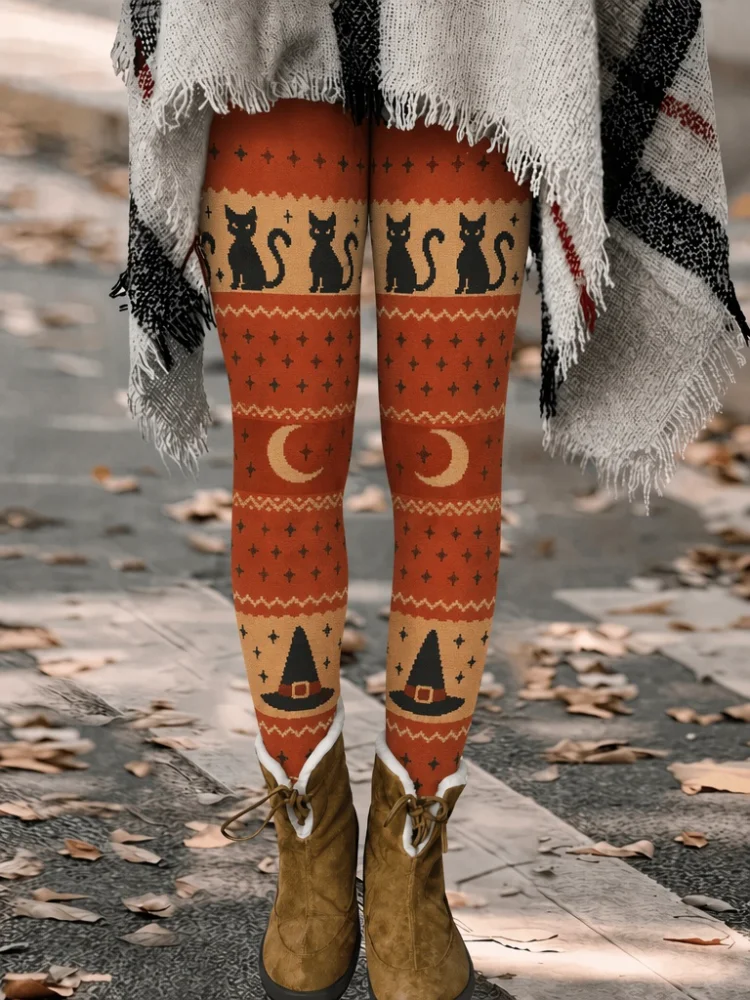 Women's Halloween Brushed Leggings with High-Waist Elastic Design for Softness. Featuring an Orange and Black Witch Hat and Moonlight Patchwork Print. Ideal for Daily Casual Wear or Festive Occasions.