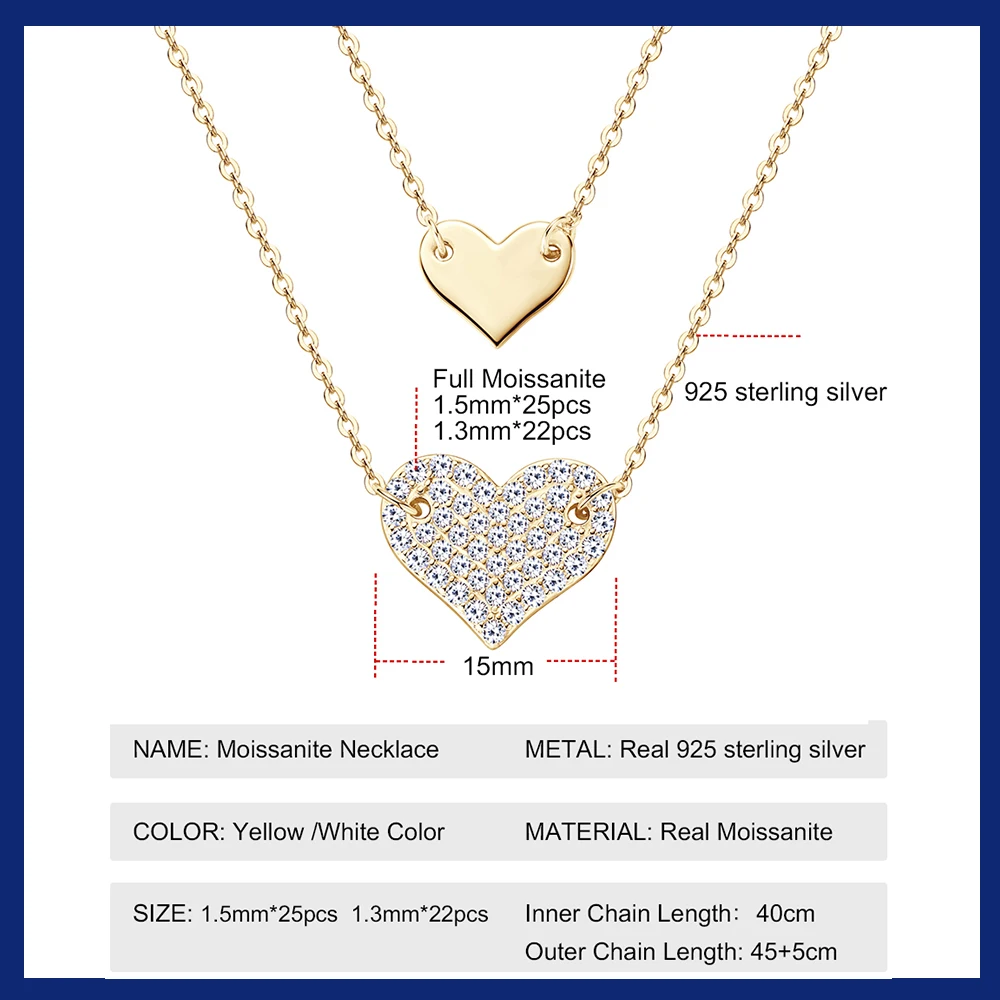 New 925 Sterling Silver Double Layered Love Heart Pendant Necklace for Women Full Moissanite Necklace Simple Neck Chain Jewelry