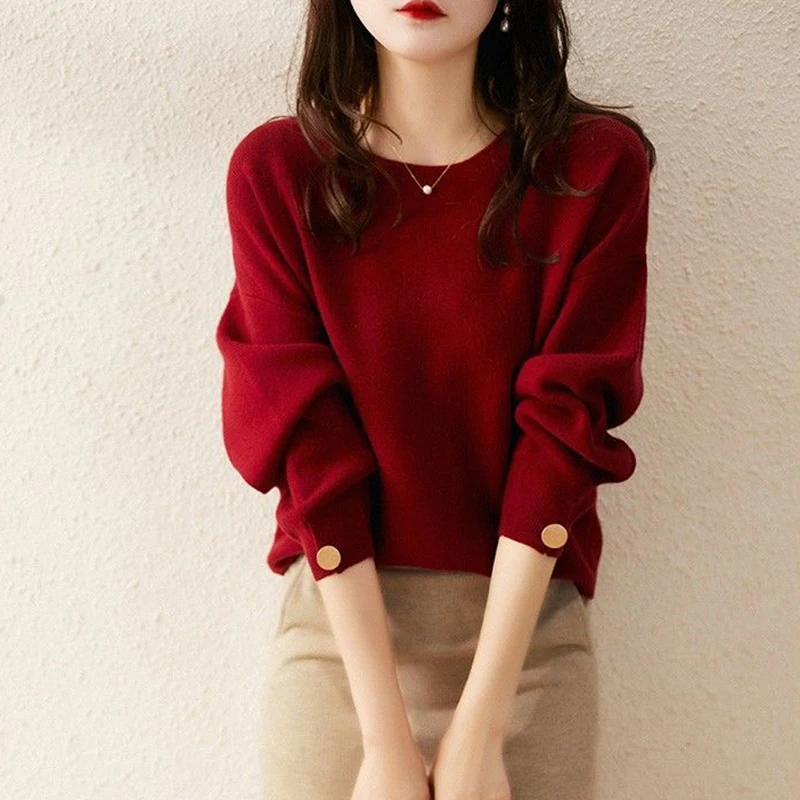 Women's Round Neck Pullover Sweater Loose Korean Elegant Long-sleeved Knitted Bottoming Shirt Autumn And Winter New Jumper Tops