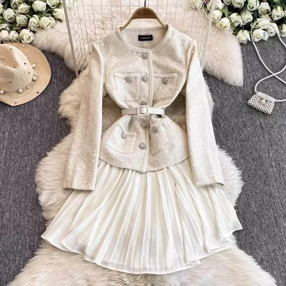 High Quality Spring Fake Two Piece Pleated Mini Dress Runway Women Single Breasted Tweed Sequins Spliced Chiffon Belt Vestidos