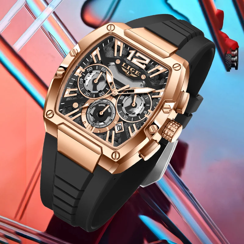 New Fashion LIGE Casual Simple Man Watch Silicone Strap Outdoor Sport Calendar Luminous Waterproof Hollow Quartz Watches for Men