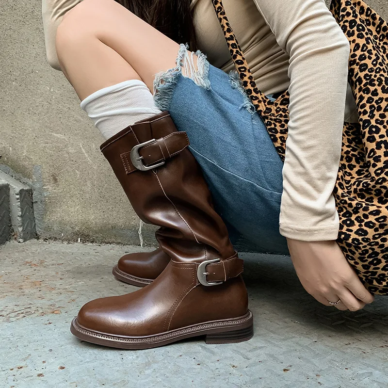 

Arden Furtado Autumn Brown cowhide Riding boots Round toe slip-on Middle heel Knee high boots Belt buckle Women's Boots