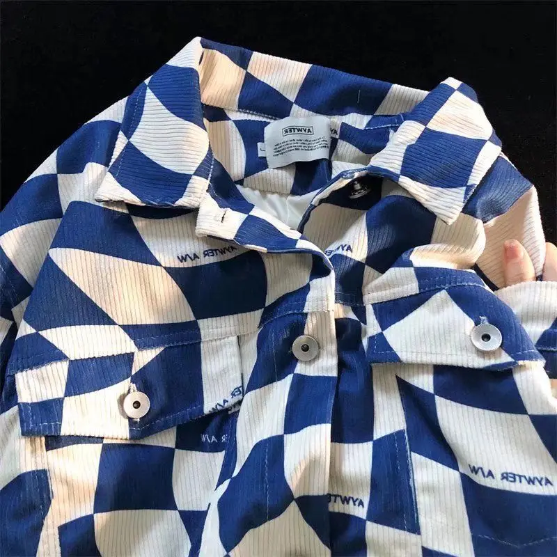 High Street Retro Klein Blue Color-blocked Checkerboard Shirt for Men and Women Niche Trendy Brand Corduroy Lapel Casual Jacket