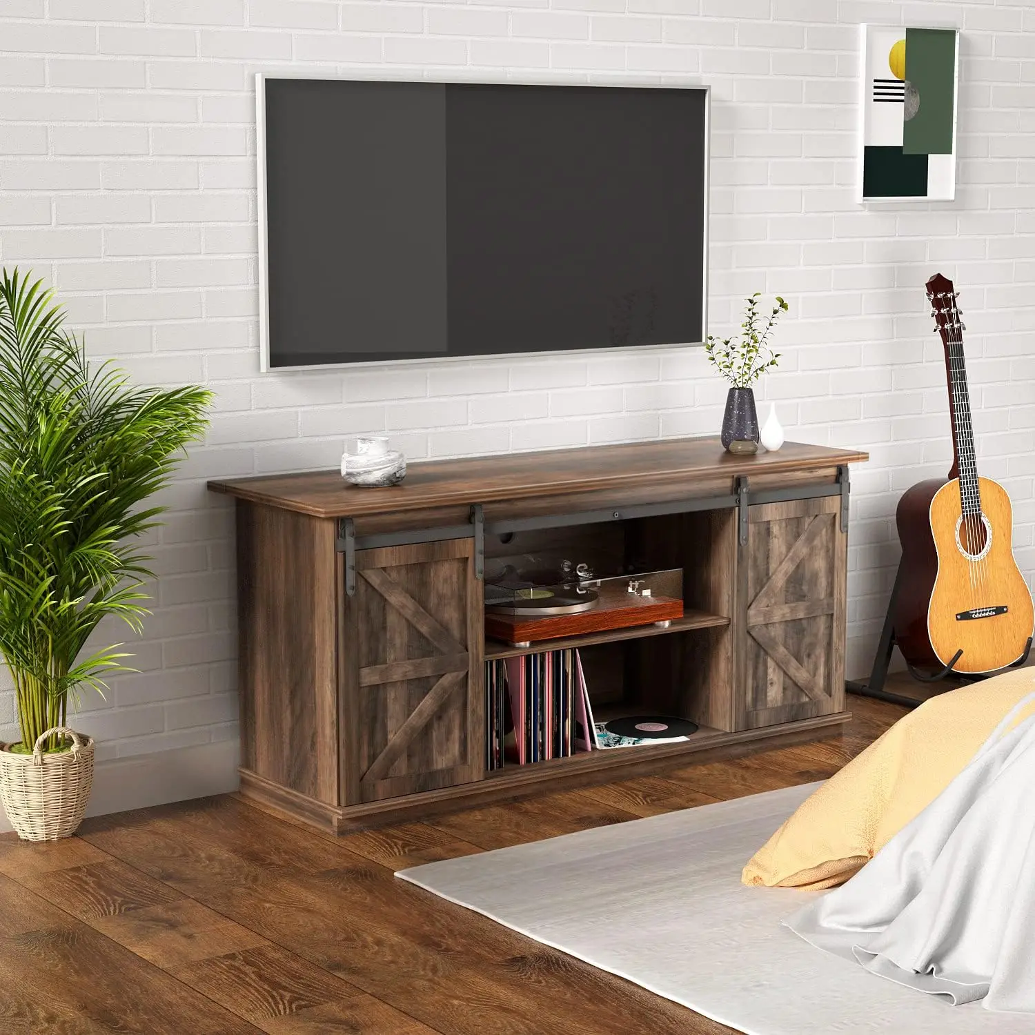 YESHOMY TV Stand for Televisions up to 65 Inchs, with Sliding Barn Doors and Storage Cabinets, Console Table and Media Furniture