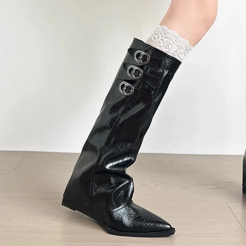 

2025 Fashion Autumn Winter Low Heels Long Boot Splicing Buckle Strap Woman Knee-High Boots Square Style Female Boot