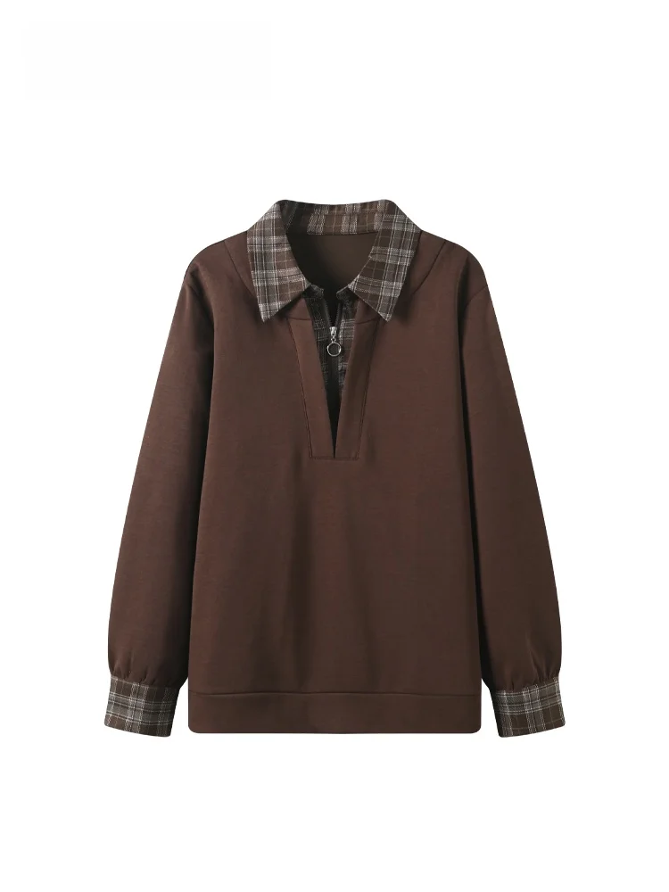 

Casual Sle Long Sve Sweatirt Fake Two-Piece plus Size Women's Spring Leisure Top Weight Concealing Slimming Patchwork