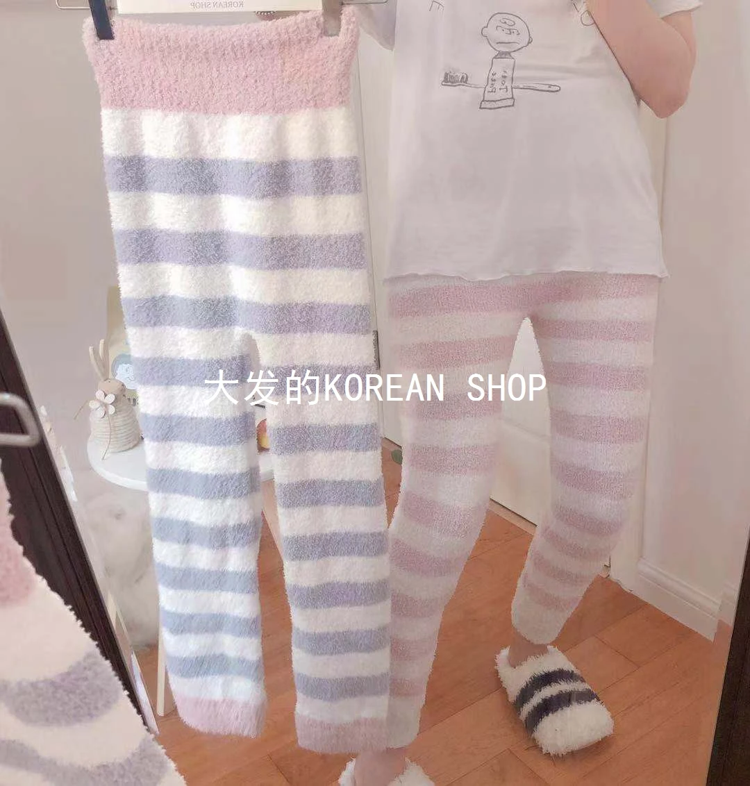 Autumn and Winter Warm Soft High Waist Striped Thermal Pants Women's Japanese Ins Comfortable Home Pajama Pants
