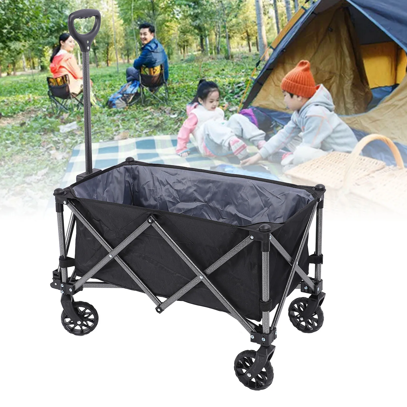 

Folding Cart Folding Wagon Cart 100L Polyester Steel Outdoor Utility Grocery Wagon Beach Cart for Sports Shopping Camping Black