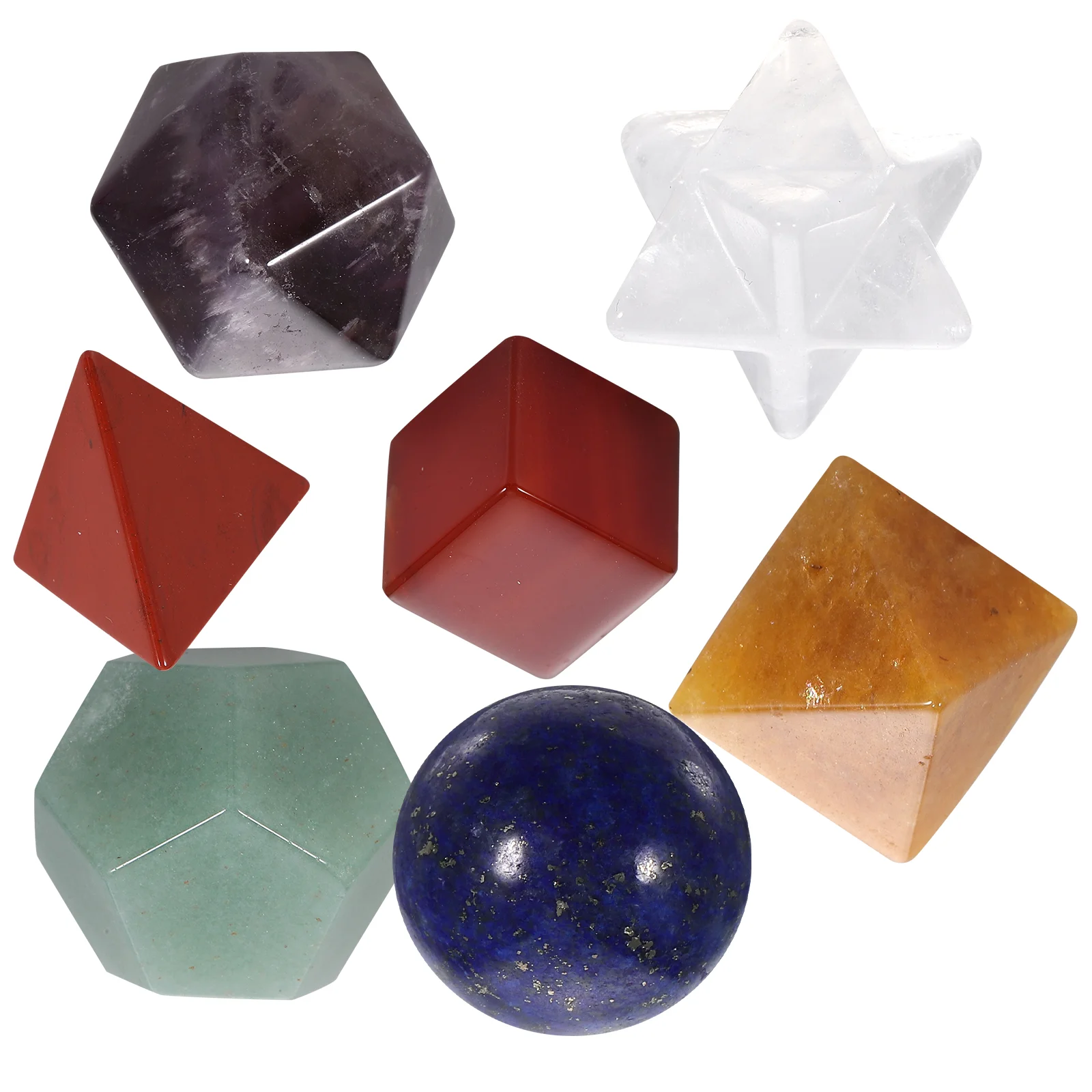 

7 Chakra Healing Crystal Platonic Solids Sacred Geometry Set with Merkaba Star Carved Chakra Stone Set for Crystal Healing Medit