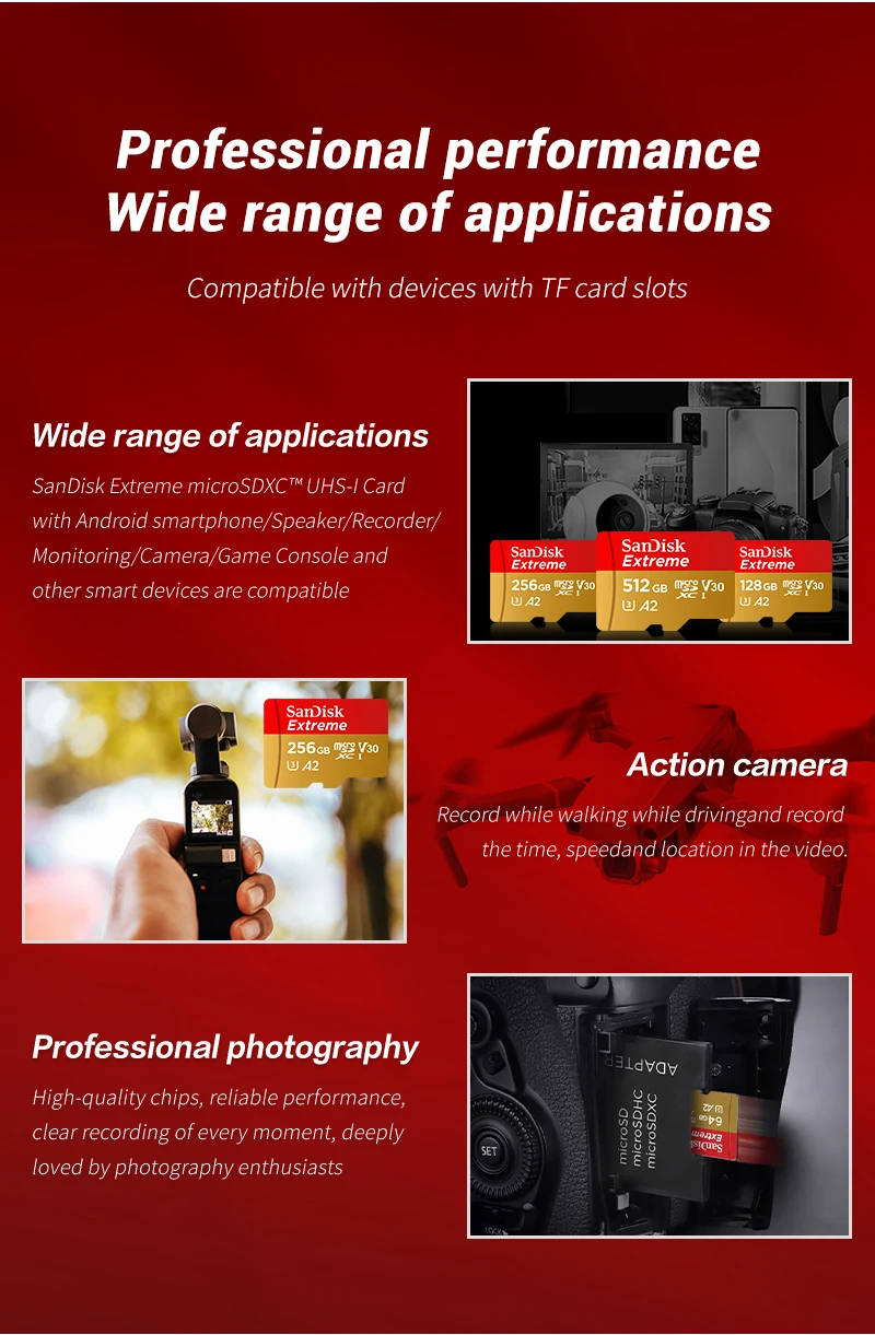 SanDisk Extreme V30 A2 4K MicroSD TF Flash-Karte für DJI-Drohnen, Actioncams und Handkameras, 64 GB, 128 GB, 256 GB, 512 GB, MicroSDXC-Speicherkarte. – Detail 5