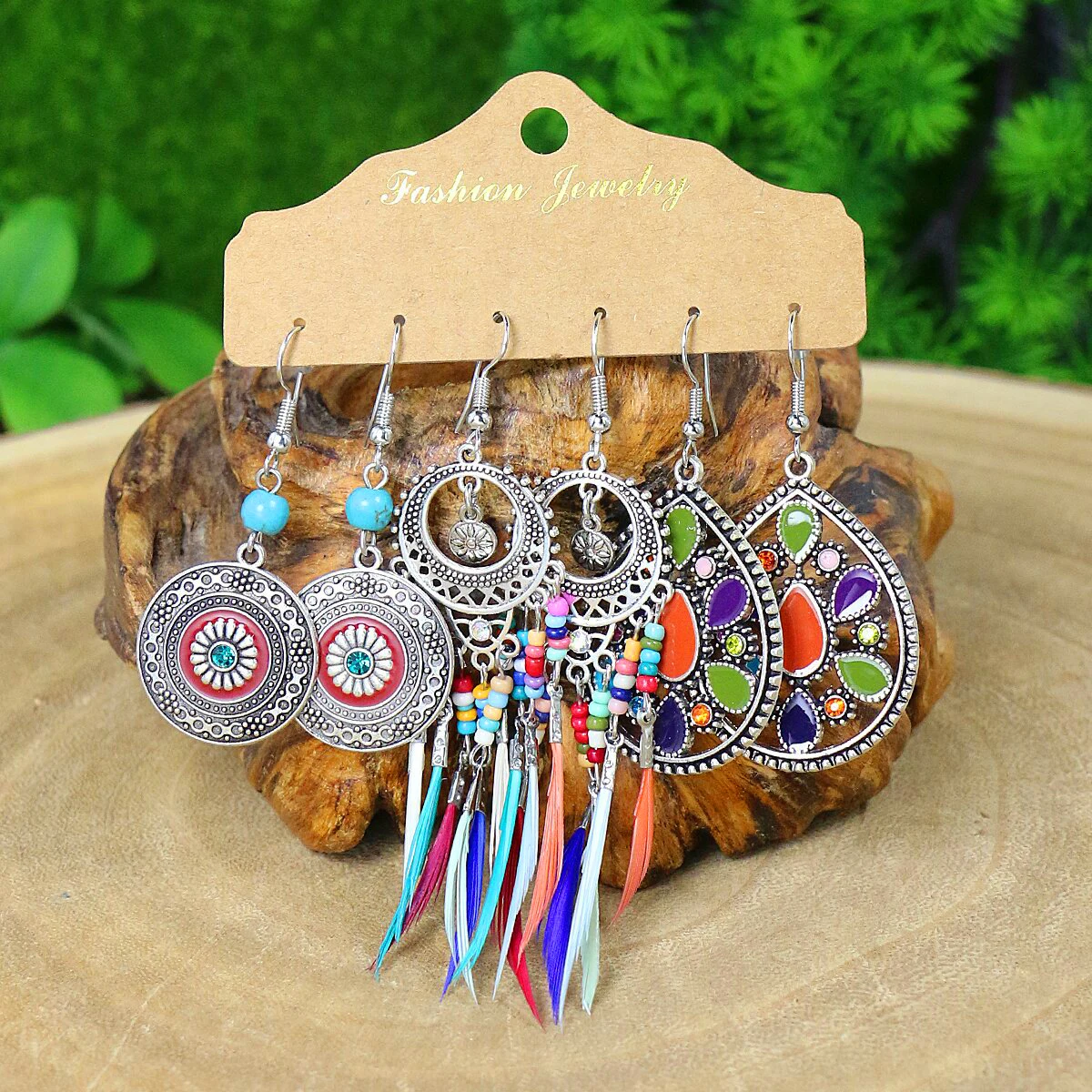 Vintage Bohemian Enamle Water Drop Earrings Set for Women Fashion Ethnic Rice Bead Feather Earring Female Party Wedding Jewelry