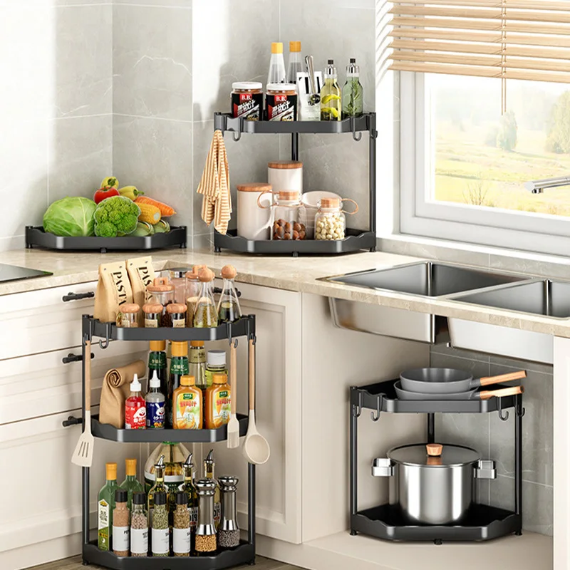 Kitchen Corner Shelf Multi Layers Seasoning Tripod Rack Multifunctional Storage Rack With Hook metal plastic Kitchen Organizer