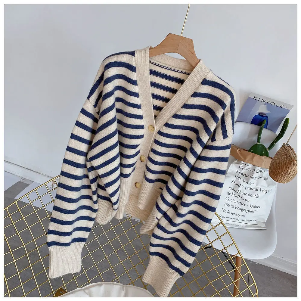 Women Striped Short Sweater Fashion V-neck Single Buttons Knitted Cardigans 2024 Casual Female Long sleeve Outwear Coat