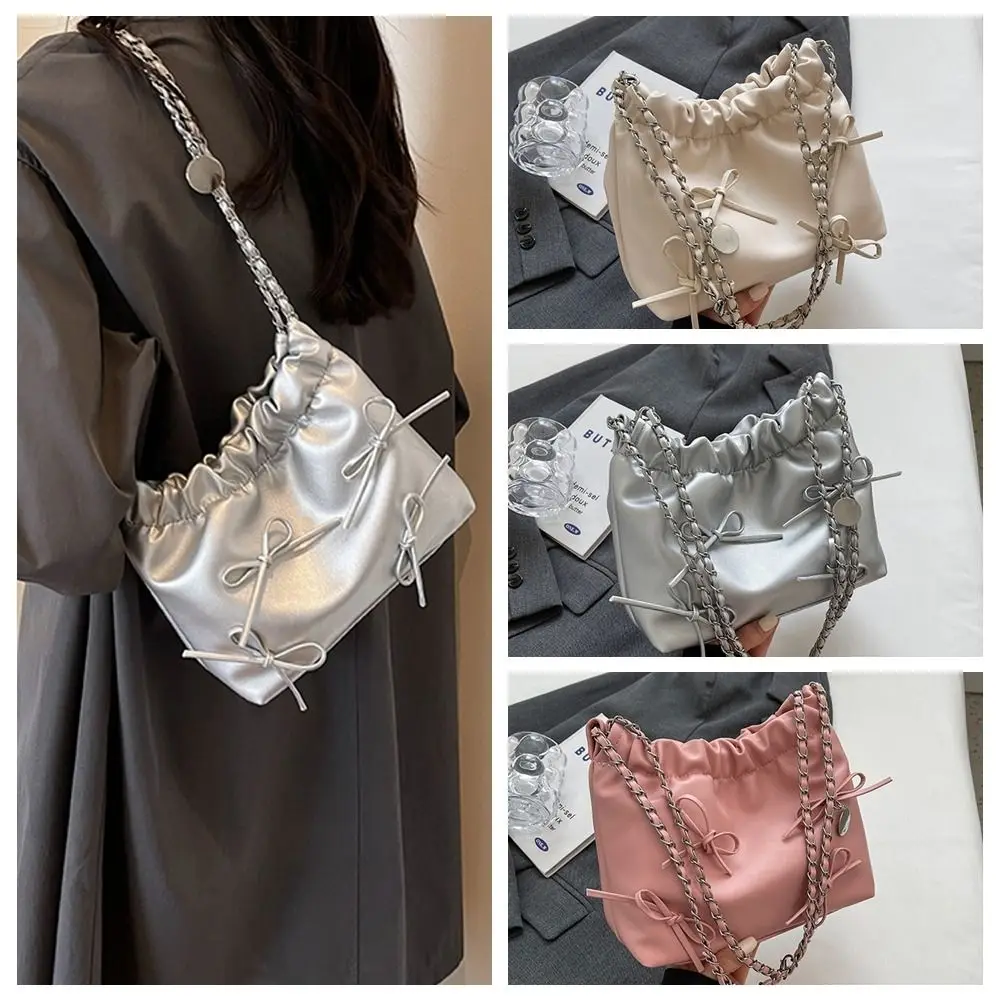 

Sweet PU Leather Bowknot Bucket Bag Large Capacity Chain Bow Tote Bag Shoulder Bag Underarm Bag Bow Crossbody Bag Travel