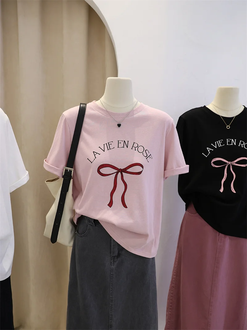 

Sweet Japanese Style Knot Print Short Sleeve Women's T-shirt Summer 2024 New Loose round Neck Top Versatile Casual ...