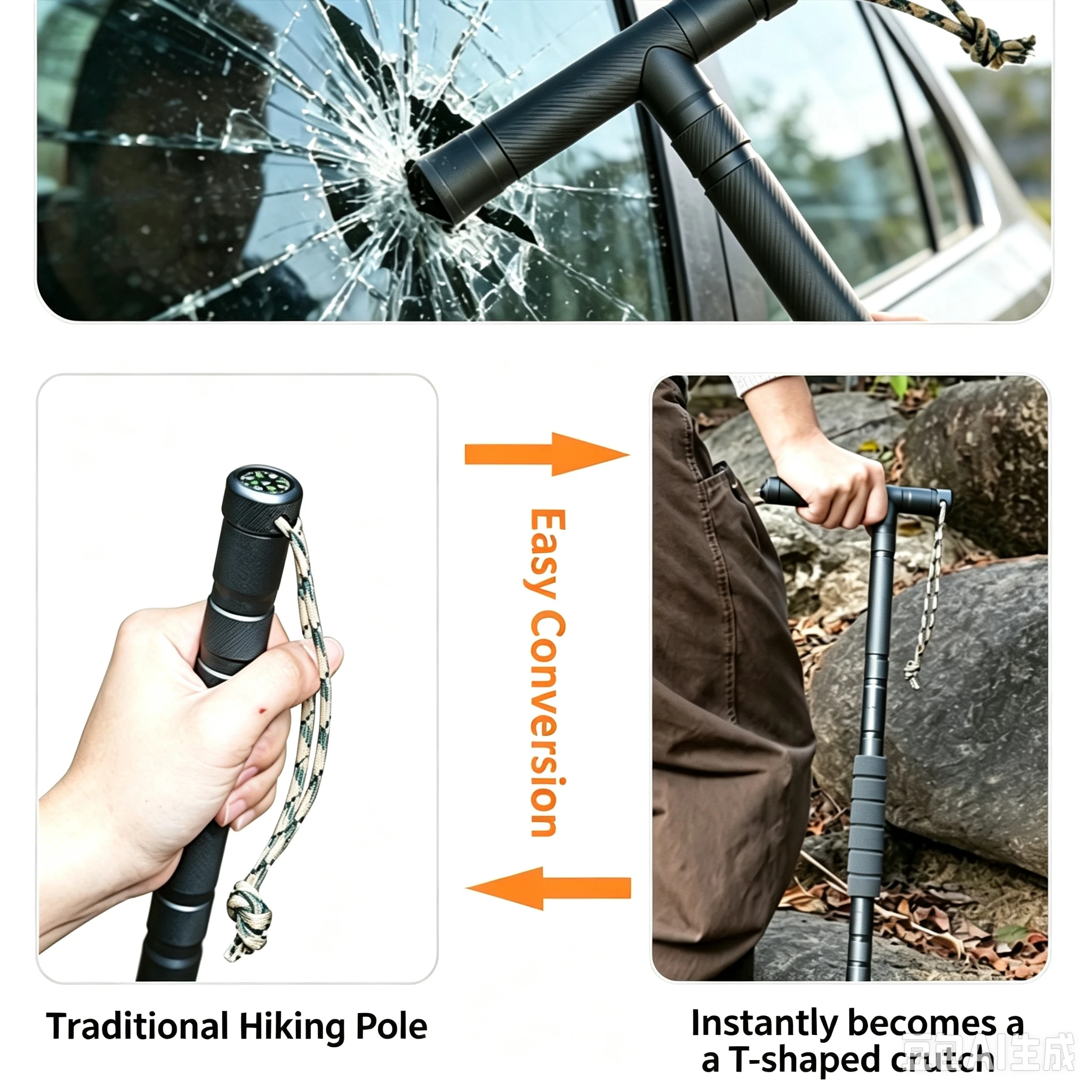 Folding Trekking Pole, Heavy Duty Aluminum Alloy, T-Handle Non-Slip, Multi-Function Outdoor Hiking & Walking Stick for Camping