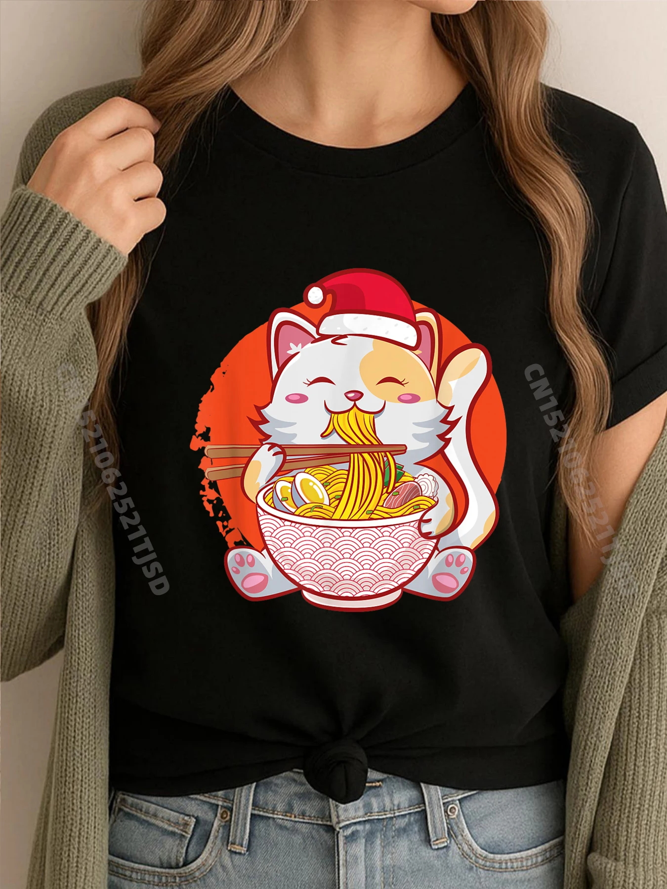 

Kawaii Cat Рождественские милые отаку японская лапша рамэн 3XL женская одежда студенческие футболки на Новый год