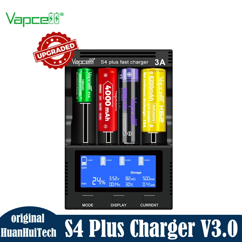 

Original Vapcell S4 Plus V3.0 No Adapter Fast Battery Charger 3A 4 Slots 12A Intelligent Charger