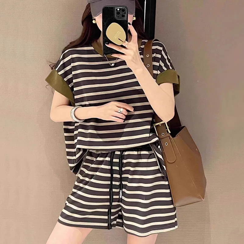 Women Striped Clothing Sets Short Sleeve T-shirt+Drawstring Shorts Two Pieces Suits Summer Loose Tracksuit Ladies Casual Outfits