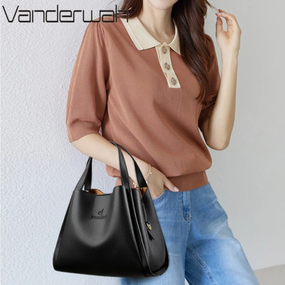 VANDERWAH Genuine Brand Soft Leather Top-handle Bags Female Handbags Women Shoulder Crossbody Totes Messenger Bag 3 Layer Sac