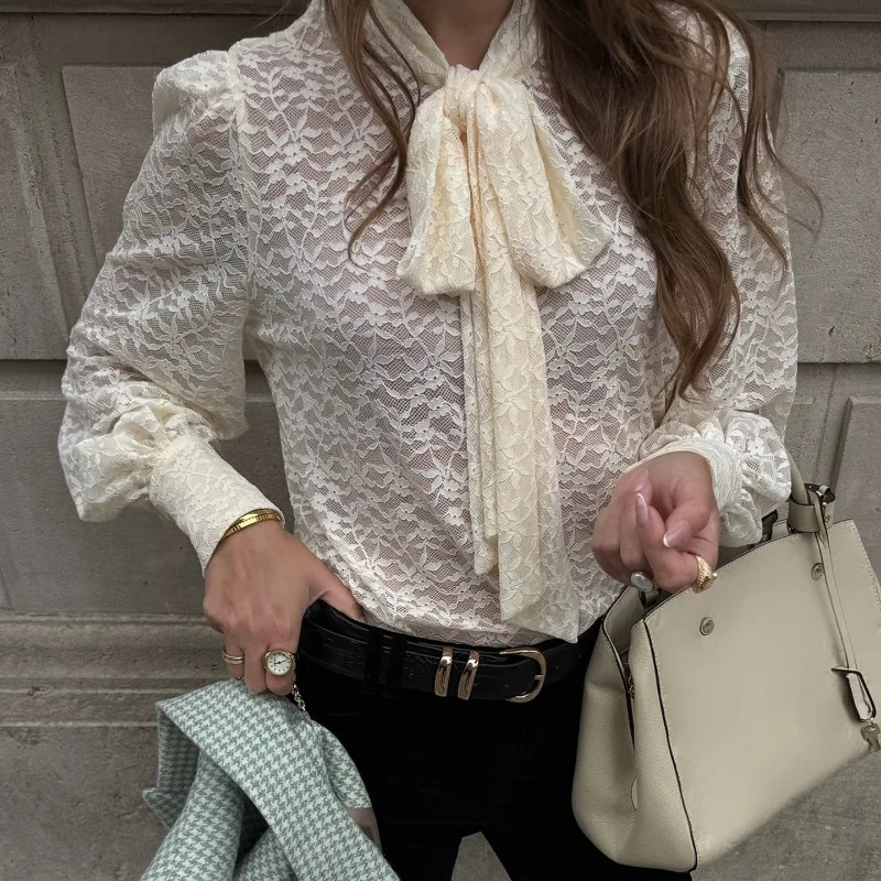 

Talenza Elegant Lace Shirt Women Autumn Lace-up Lace Patchwork Long Sleeve Shirt Top Office Fashion Unique Female Blouses Top