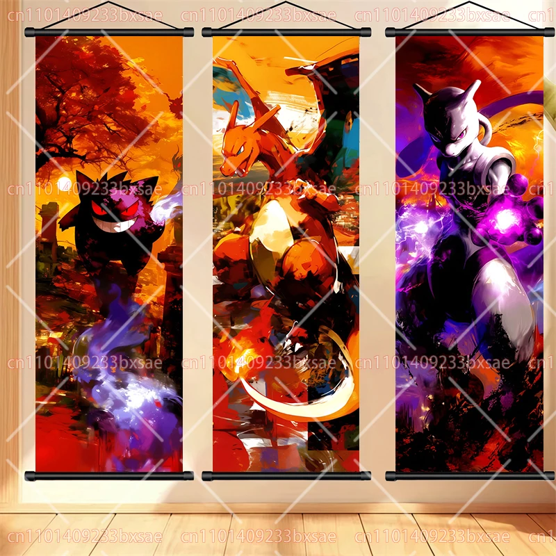 

Art Cloth Print Pokémon Anime Pokemon Mewtwo Gengar Charizard Eevee Poster Wall Art Home Room Decor Scroll Painting